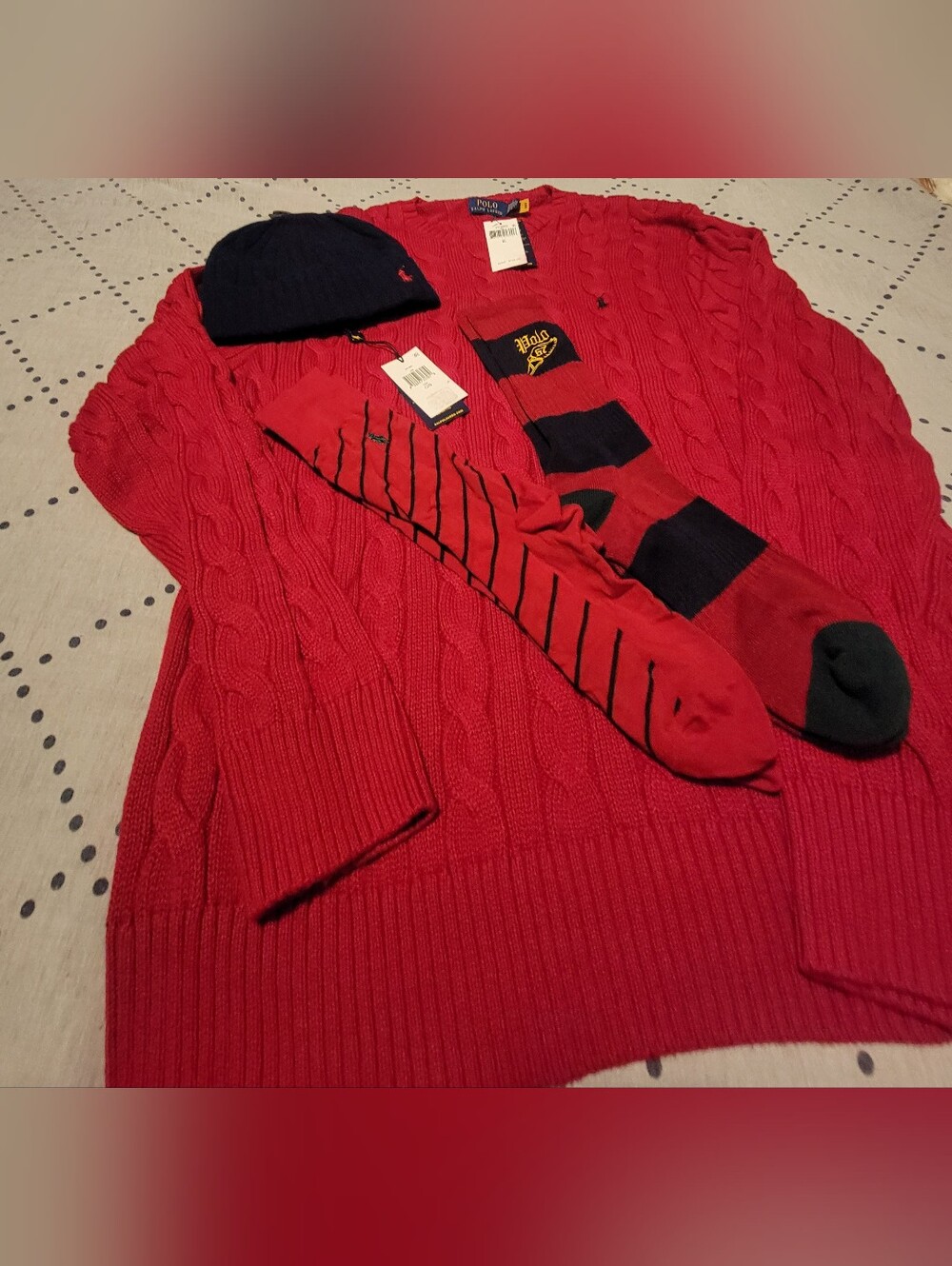 XL red Polo sweater with beanie and socks.